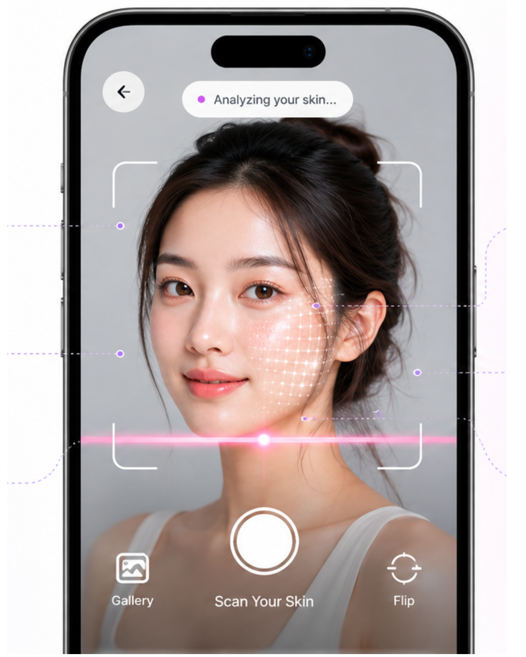 AuraAI skin analysis on a smartphone — scanning face with AI insights